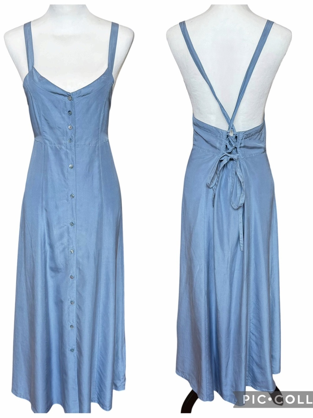 Blunauta Silk Midi Dress Size Small Blue Lace Back Quiet Luxury Resortwear